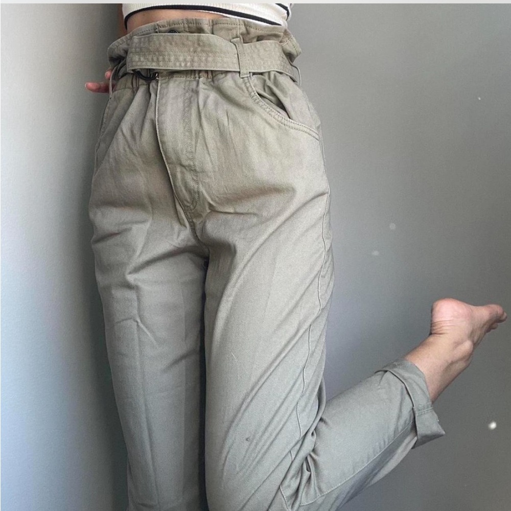 Garage Olive Green High-Waisted Paperbag Buckle Pants